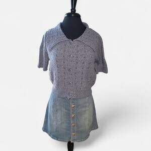 Willow & Wind Light Blue Cropped Cardigan Sweater Collar Boho Cottagecore Medium